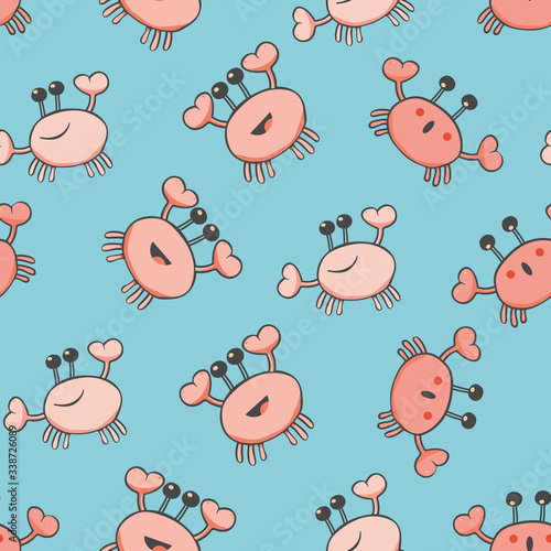 Happy crab vector seamless pattern background. Pink cartoon crustacean on ocean blue backdrop. Marine wildlife kawaii style design. All over print for family summer vacation, beach holiday concept