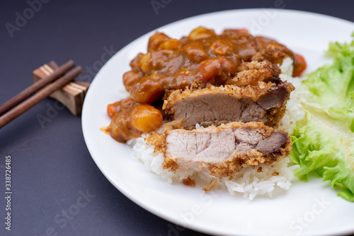 Rice with deep fried pork and curry in Japanese style. soft focus