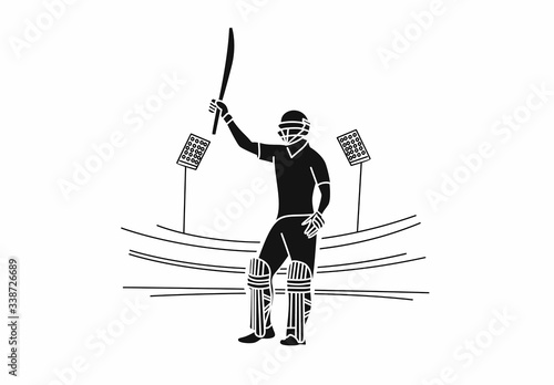 Concept of Batsman playing cricket raises his bat after scoring a full century - championship, Line art design Vector illustration.
