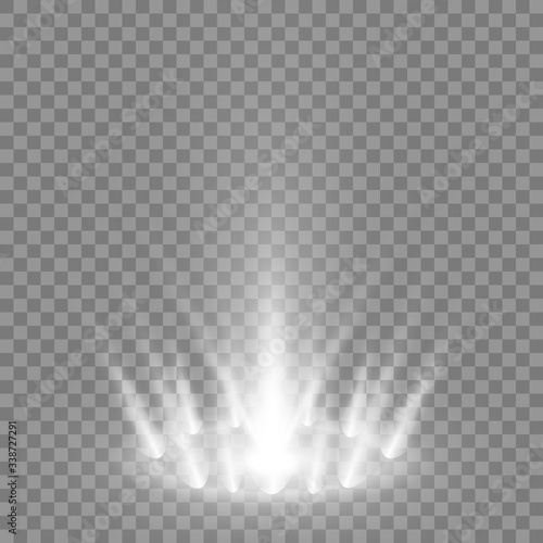 Magic portal of fantasy. Futuristic teleport. Light effect. Light rays of the night scene and sparks on a transparent background. Empty light effect of the podium. Disco club of the dance floor.