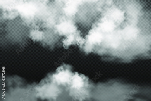 White vector cloudiness ,dust, fog or smoke on dark checkered background.Cloudy sky or smog over the city.Vector illustration. 
