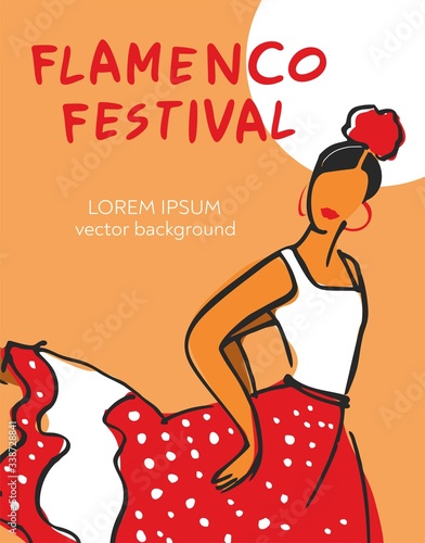 The poster of the flamenco festival with dancer in a dress in peas on a blue background is hand-painted for poster, invitation or banner for the site. Vector illustration