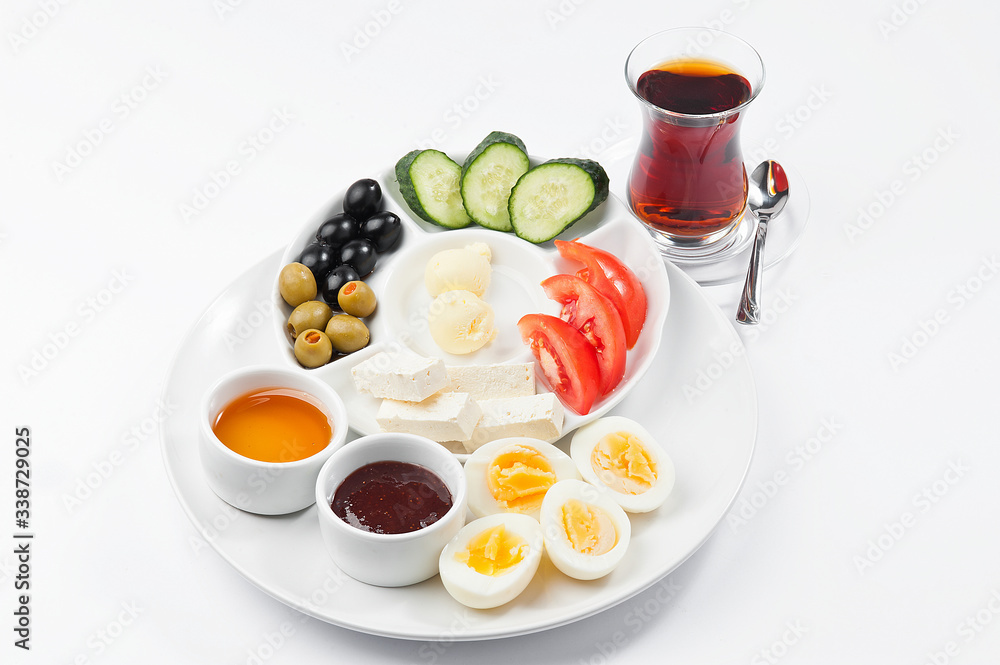 Turkish breakfast on a white background. Turkish traditional cuisine Turkish breakfast on a white background. Turkish traditional cuisine
