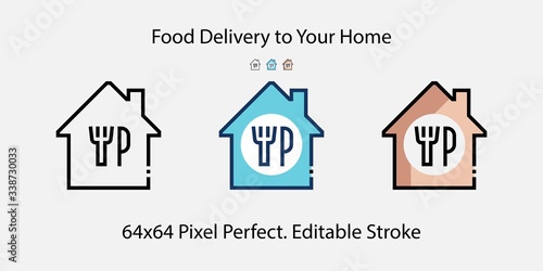 Food Delivery to Home Filled Outline Icon. House Epidemic Quarantine Set Colorful Linear Icons, Stay at home 64x64 Pixel Perfect. Editable Stroke. Covid-19. Corona, Coronavirus, Stop Virus. M 10:1