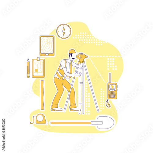 Surveyor thin line concept vector illustration. Geodesist, man with optical level 2D cartoon character for web design. Geodesy, construction area exploration and leveling creative idea