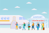 Emergency airplane evacuation flat color vector illustration. Pandemic precaution. Dangerous area lockdown during epidemic. Quarantine 2D cartoon characters with cityscape on background