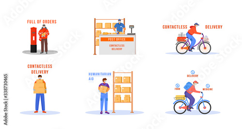 Contactless delivery flat color vector faceless characters set. Man shipping goods during pandemic. Deliveryman in medical mask. Essential worker isolated cartoon illustrations on white background