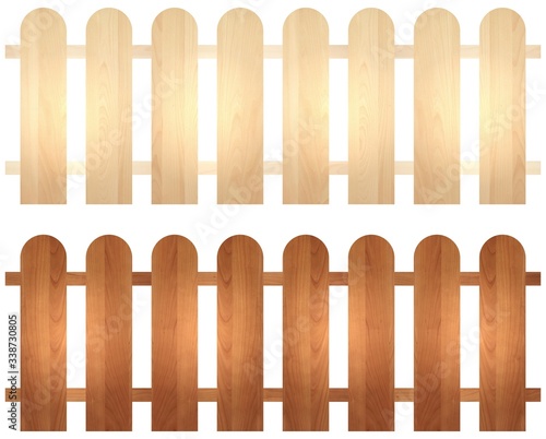 New wooden fence with rounded bars on white background isolated. Beige and brown colors texture set.