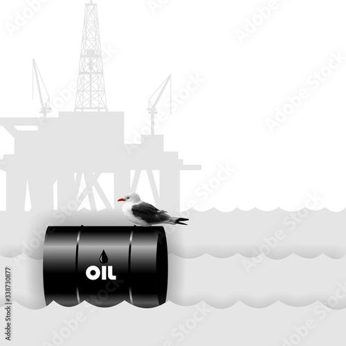 Oil platform in open sea pollutes environment abstract graphic. Black white grey illustration of rig silhouette, barrel and waves.