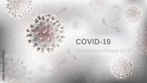 Coronavirus particles in white gray background with space for text