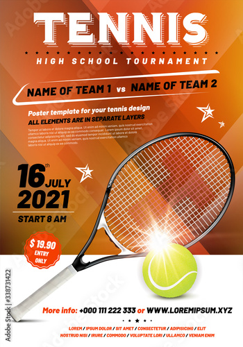 Tennis tournament poster template with racket and ball