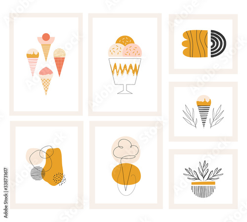 Set of geometric posters. Abstract composition, ice cream, print for kids design. Vector summer illustration.
