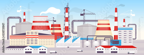Industrial powerplant flat color vector illustration. Energy station 2D cartoon landscape with construction cranes and chimneys on background. Modern manufacturing facility, power generation factory