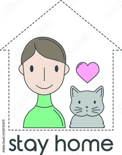 Vector flat line icon smiling person in greet shirt staying at home