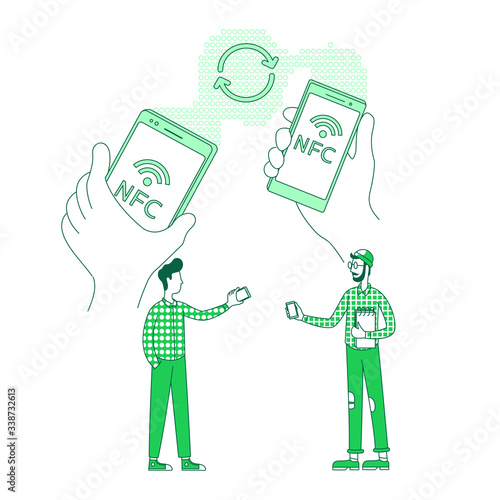 Mobile content, data exchange thin line concept vector illustration. People holding cellphones 2D cartoon character for web design. Information transfer, file sending creative idea