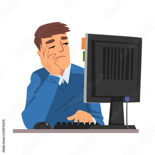 Man Being Bored with His Job, Lazy Businessman Working with Computer Procrastinating at Workplace, Unmotivated or Unproductive Manager Vector Illustration