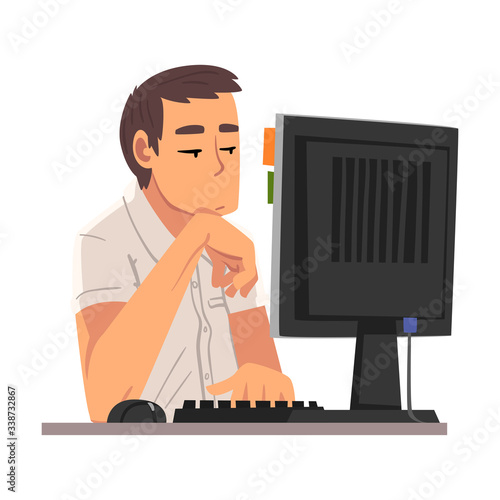 Bored Businessman Sitting at Office Desk, Lazy Male Employee Procrastinating at Workplace, Unmotivated or Unproductive Manager Character Vector Illustration