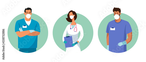 Set of male and female characters of doctors. Surgeons, doctors, nurses. Conceptual illustration, hospital medical team, poster. Vector template for design