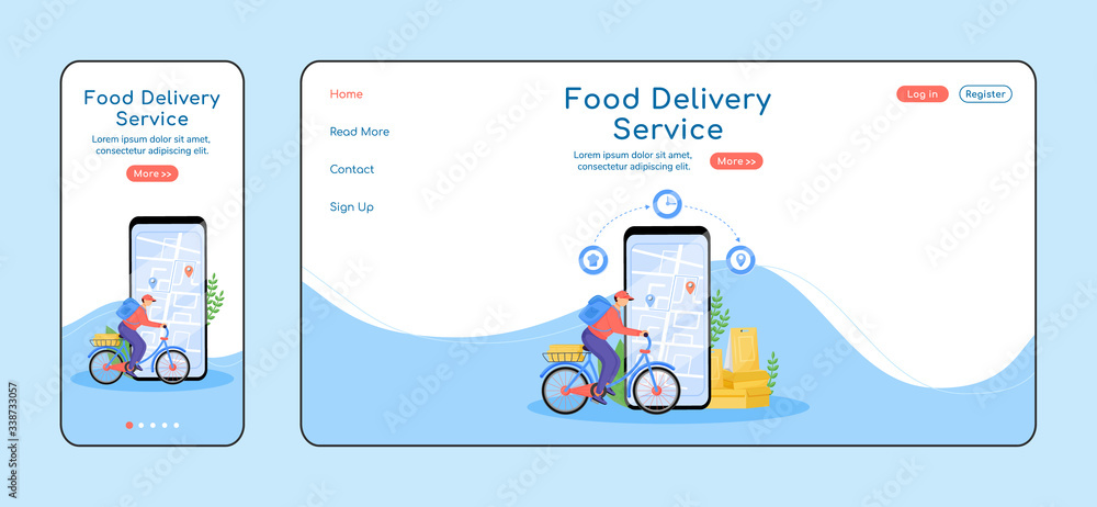 Food delivery service adaptive landing page flat color vector template ...