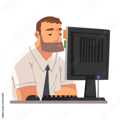 Bored Business Employee Man Working with Computer, Lazy Man Procrastinating at Workplace, Unmotivated or Unproductive Manager Character Vector Illustration