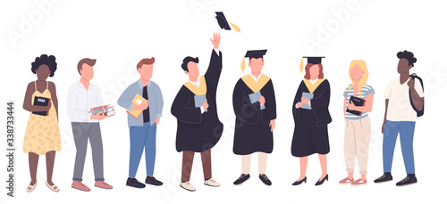 College graduates and freshman students flat color vector faceless characters set. People with diplomas and books isolated cartoon illustrations on white background. Academic education