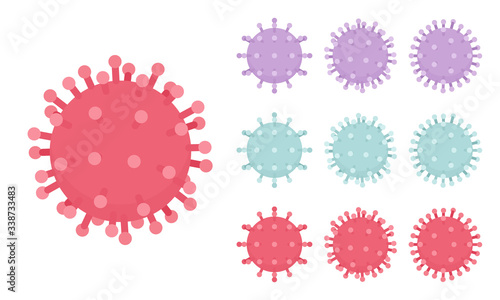 Virus structure, human coronavirus spike symbol set. Infectious disease, severe acute respiratory syndrome, medicine and healthcare. Vector flat style cartoon illustration, different views and colors