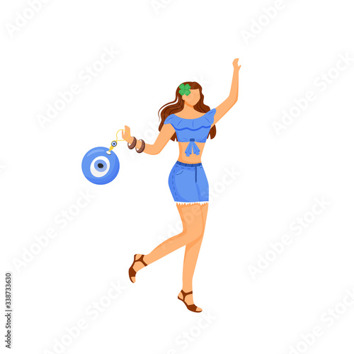Girl with talismans flat color vector faceless character. Young superstitious woman with nazar boncuk amulet and four leaf clover isolated cartoon illustration for web graphic design and animation