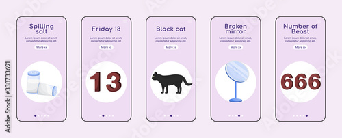 Bad luck signs onboarding mobile app screen flat vector template. Common superstitions walkthrough website steps with characters. UX, UI, GUI smartphone cartoon interface, case prints set