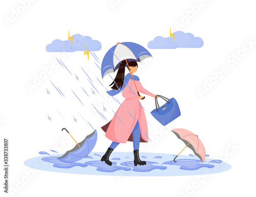 Heavy rainfall flat color vector faceless character. Seasonal thunderstorm. Woman in raincoat with umbrella. Puddles outdoor from storm. Bad autumn weather isolated cartoon illustration
