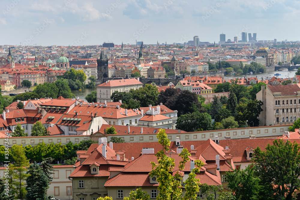 Panoramic view of the red roofs of the city of Prague, Czech Republic, 27 july 2019 year