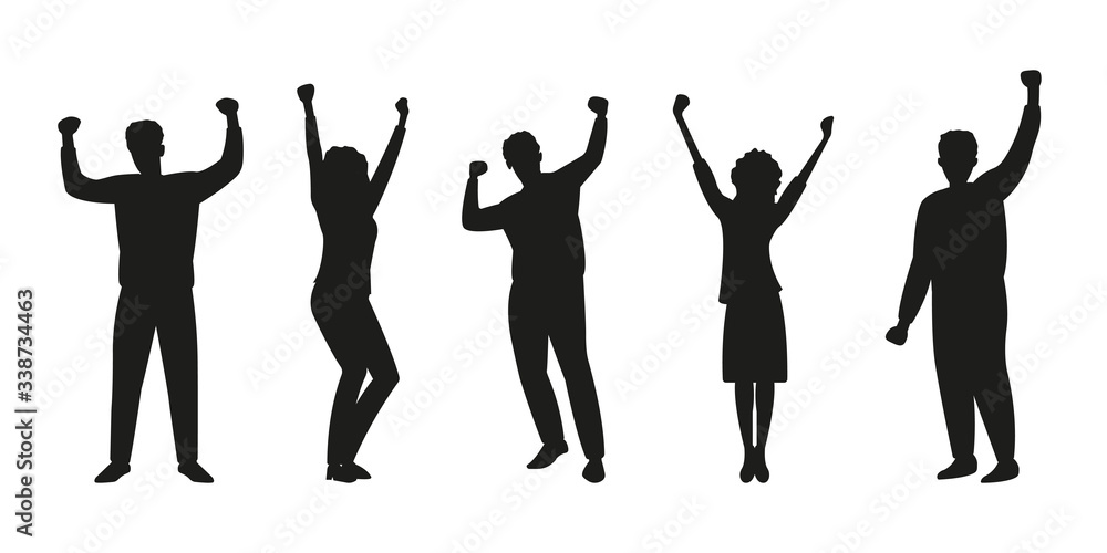 Happy people silhouette set. Men and woman rising Hands up. Dancing persons. Party, success, friendship, celebration, joy and fun concept. Vector illustration.