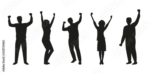 Happy people silhouette set. Men and woman rising Hands up. Dancing persons. Party, success, friendship, celebration, joy and fun concept. Vector illustration.