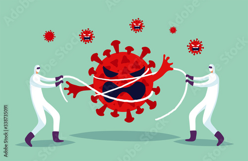 Concept illustration, two doctors are fighting the spread of the virus during the pandemic CoVID-19. The fight against the virus, a poster in a cartoon style. Vector illustration