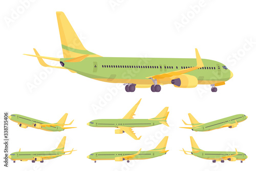 Passenger plane green, yellow design set, airline aircraft for passengers. Airport business vehicle sky travel jet or holiday aviation tourism. Vector flat style cartoon illustration, different views