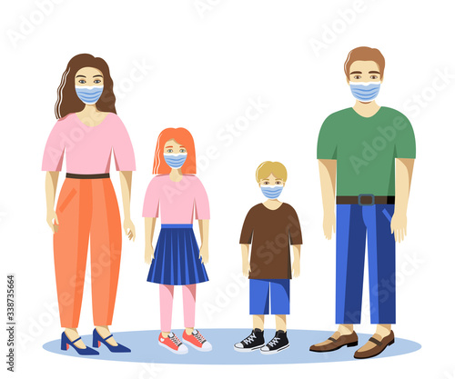 Vector illustration of the family in surgical masks.