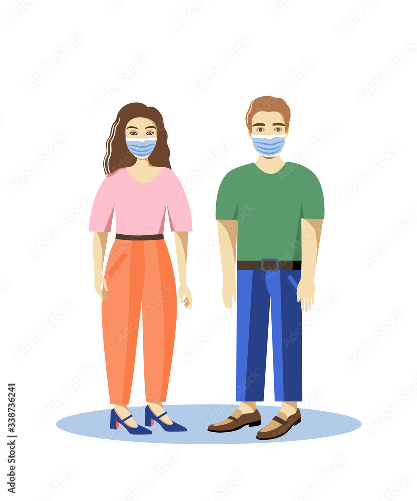 Vector illustration of the woman and man in surgical masks.