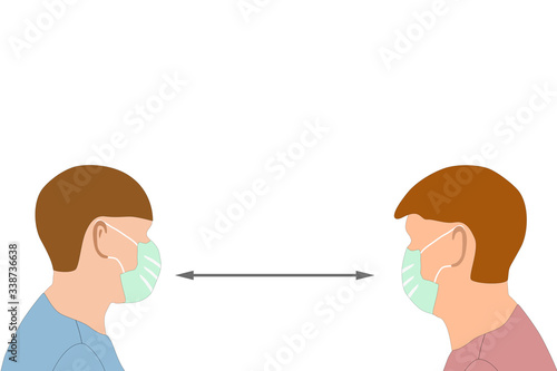 Vector - Two man wearing green face mask keeping social distance to infection Covid-19, Coronavirus. Social distancing, Healthcare concept. Copy space for any text design.