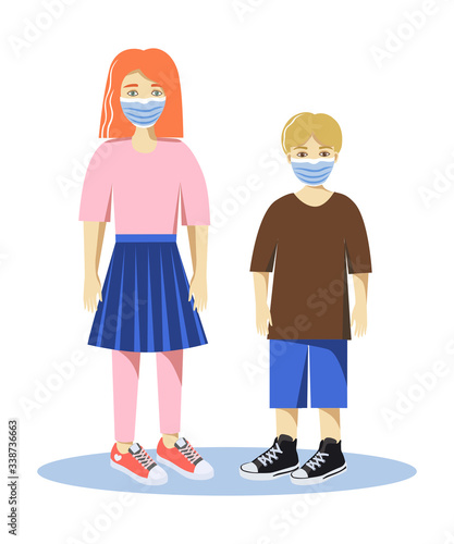 Vector illustration of the brother and sister with surgical masks.