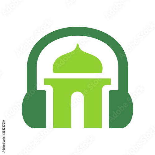 Muslim podcast logo design, mosque and headphone, islam lecture symbol, islamic audio lessons