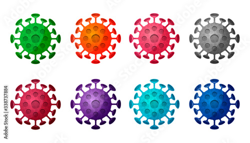 Large collection of coronavirus molecules isolated on a white background. Colored bacteria or virus icons