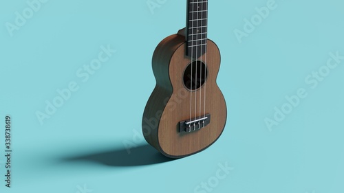 ukulele 3d render illustration against blue background with shadow