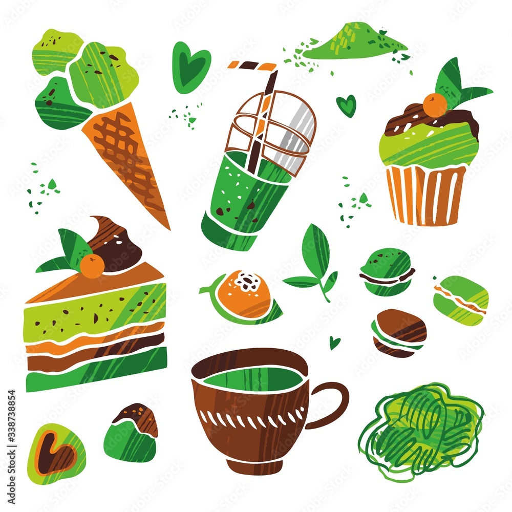 Set of matcha tea products. Matcha powder, mochi, macarons, ice cream, pie for menu, invitation for tea ceremony and degustation. Hand drawn vector colored trendy illustration. All elements are isolat