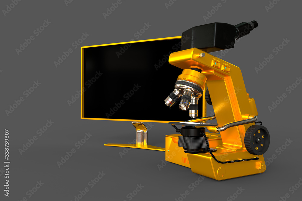 yellow electronic microscope, system block and empty screen isolated, realistic medical 3d illustration with fictive design, biology discovery concept yellow electronic microscope, system block and empty screen isolated, realistic medical 3d illustration with fictive design, biology discovery concept