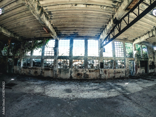Interior view of industrial ruins in the old communist prison, Croatian Alcatraz. Naked Island, Croatia.