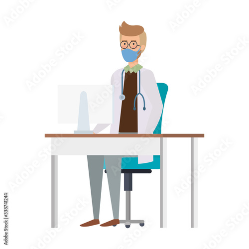 doctor male with face mask in desk isolated icon vector illustration design © Gstudio