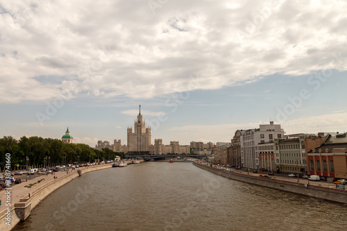 View of the embankment of the Moscow river and the hotel Ukraine in Moscow. View from the observation bridge of Zaryadye Park