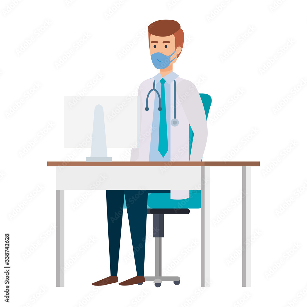 doctor male with face mask in desk isolated icon vector illustration design doctor male with face mask in desk isolated icon vector illustration design