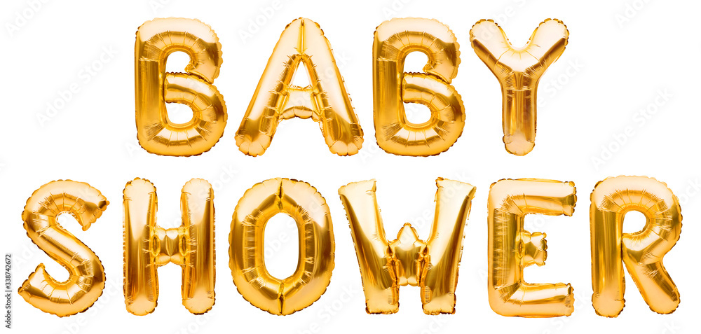 Words BABY SHOWER made of golden inflatable balloons isolated on white background. Helium foil balloons forming text. Baby birthday party celebrating decoration. Words BABY SHOWER made of golden inflatable balloons isolated on white background. Helium foil balloons forming text. Baby birthday party celebrating decoration.