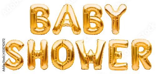 Words BABY SHOWER made of golden inflatable balloons isolated on white background. Helium foil balloons forming text. Baby birthday party celebrating decoration.