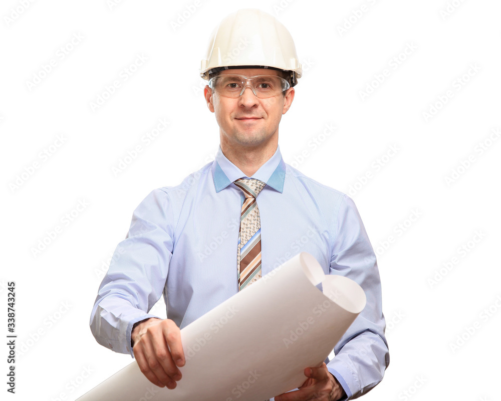 a satisfied engineer wearing a construction helmet, glasses, shirt, tie, opened the drawings, looks at the camera. Looking away, isolated a satisfied engineer wearing a construction helmet, glasses, shirt, tie, opened the drawings, looks at the camera. Looking away, isolated